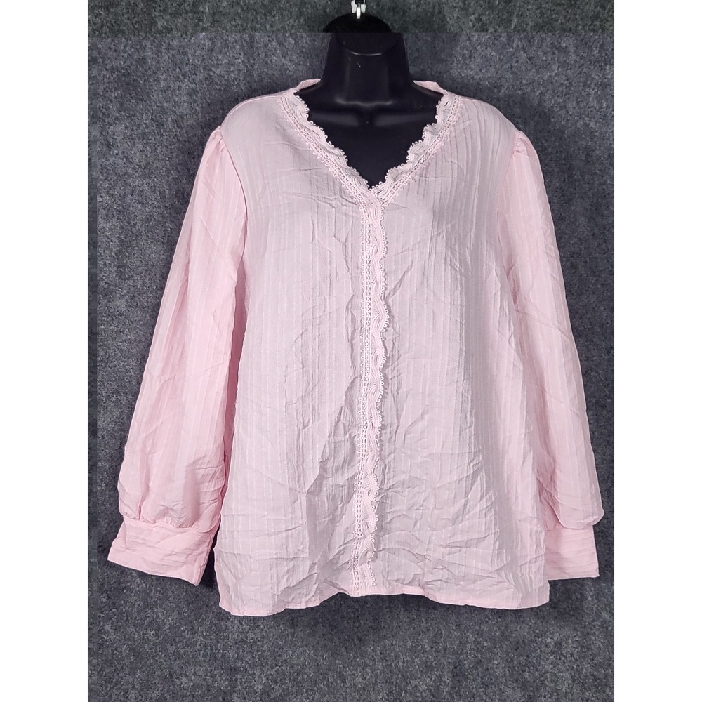 Pink 3XL Blouse Womens Long Sleeve V Neck Lace Trim Textured Casual Cottagecore
